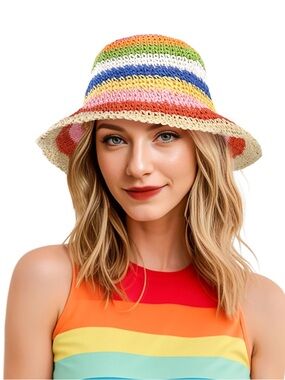DOCILA ☀️ Straw Hat • Womens Colorful Rainbow Striped Floppy Sun Hats